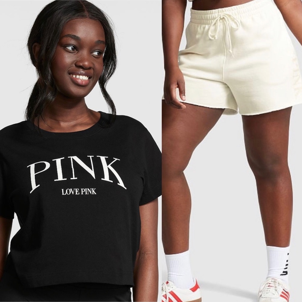 Victoria’s Secret Pink SET Creamer 5” Sweat Shorts & Black Short Sleeve Tee - Picture 2 of 14